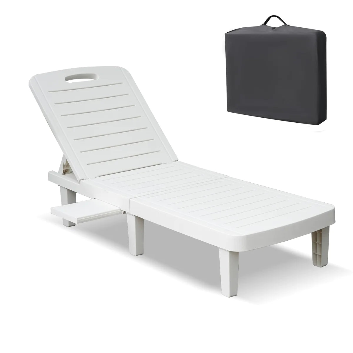 Outdoor Beach Pool Recliner with Adjustable Back with Shelving, White
