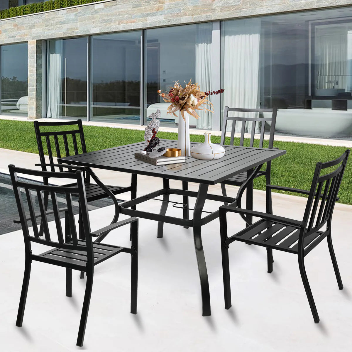 37  Square Patio Outdoor Dining Table for 4 with Umbrella Hole Metal Table, Black