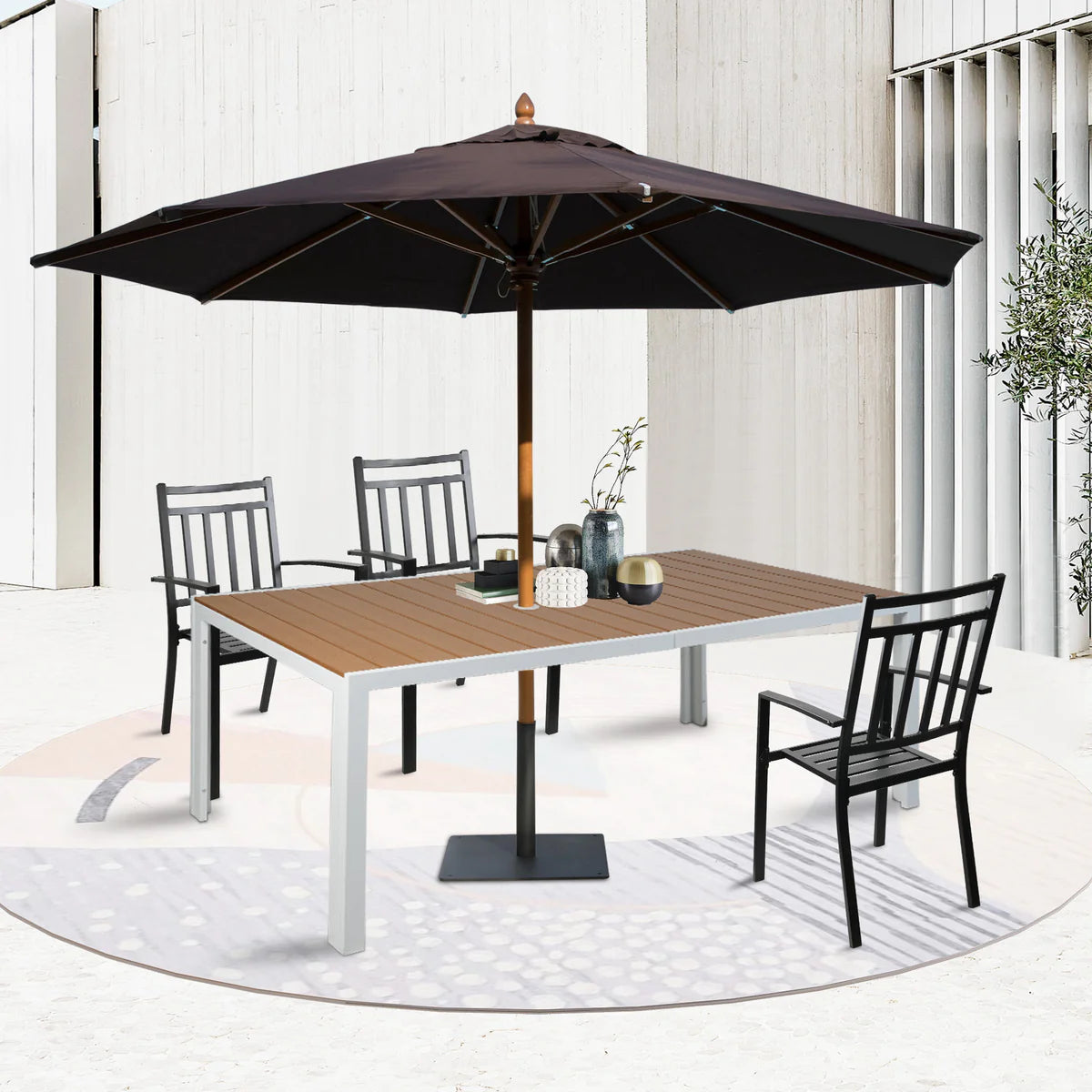 71  Outdoor Patio Dining Table for 6-8 Rectangular Table with Aluminum Frame Adjustable Umbrella Hole, Brown and White