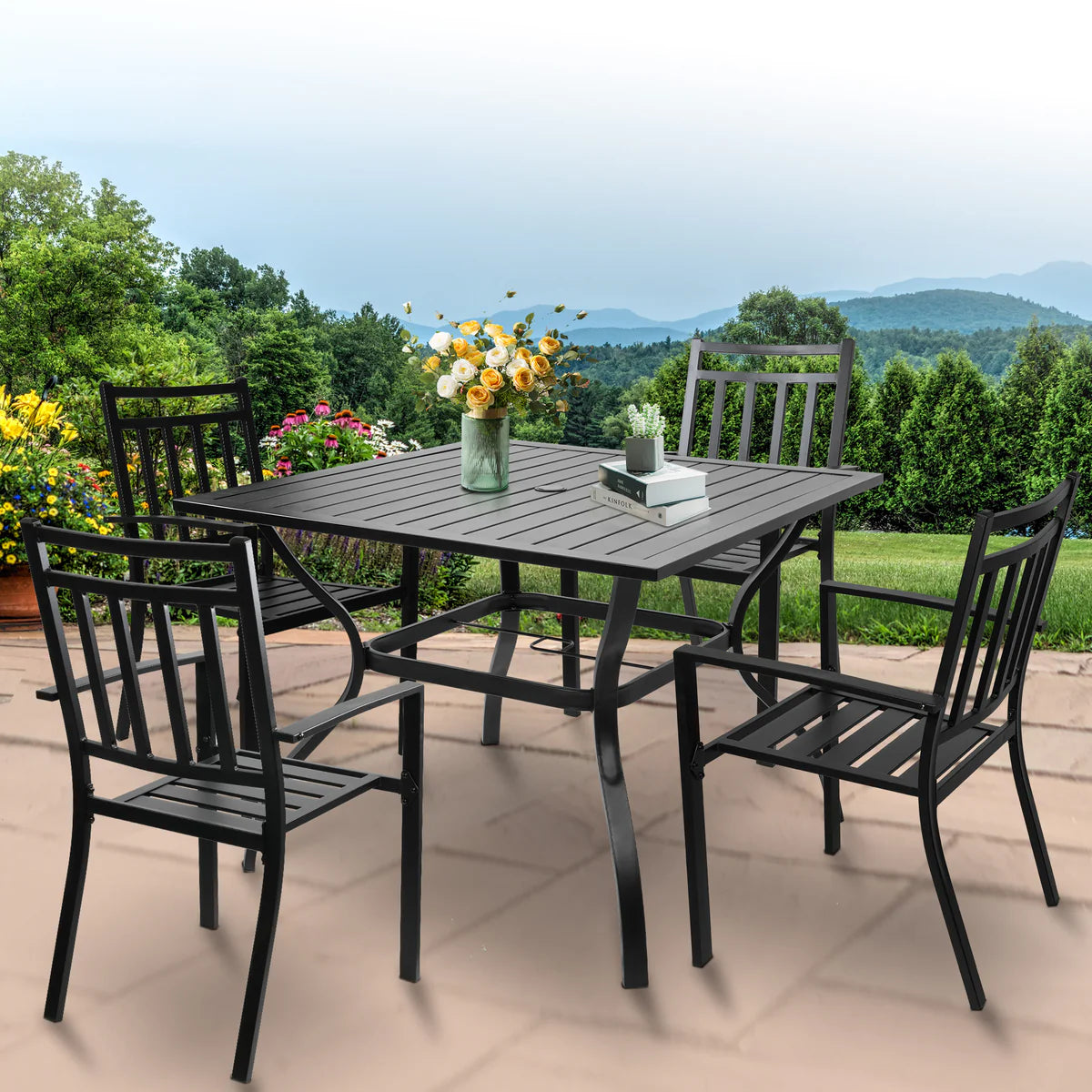 37  Square Patio Outdoor Dining Table for 4 with Umbrella Hole Metal Table, Black