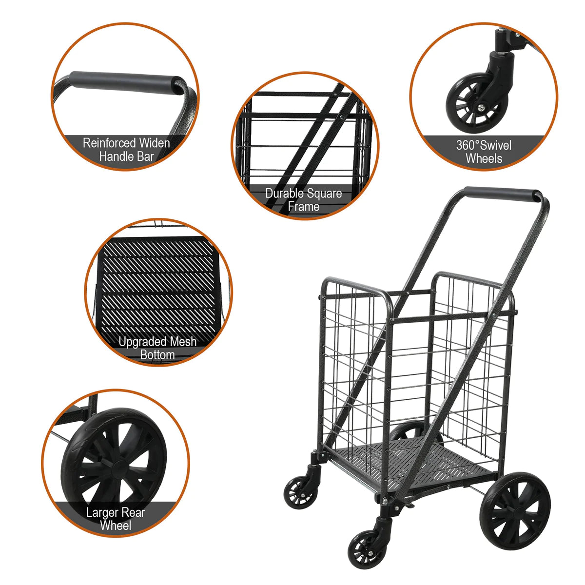 Folding Grocery Shopping Cart with Wheels Collapsible Utility Cart with 360° Swivel Wheels, Black