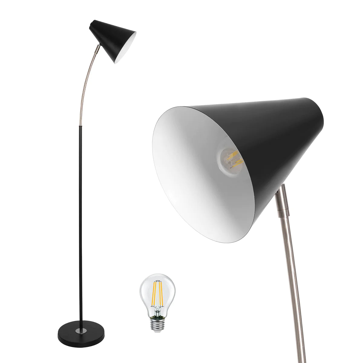 Modern Standing Floor Lamps with 8W LED Bulb, Foot Switch & Adjustable Head, Black