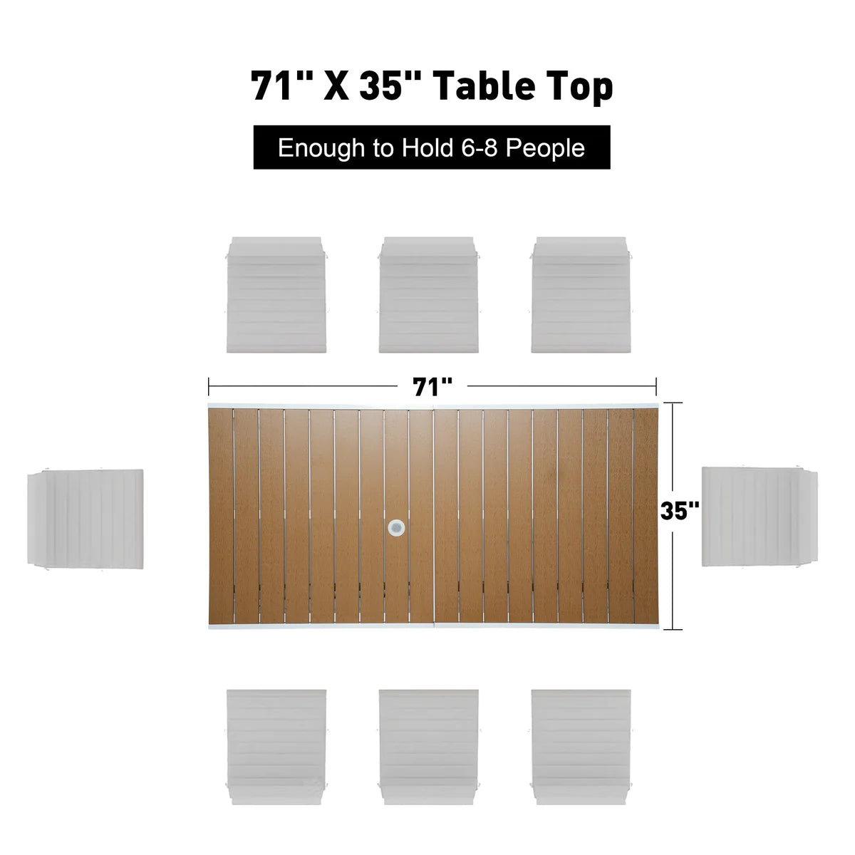 71  Outdoor Patio Dining Table for 6-8 Rectangular Table with Aluminum Frame Adjustable Umbrella Hole, Brown and White