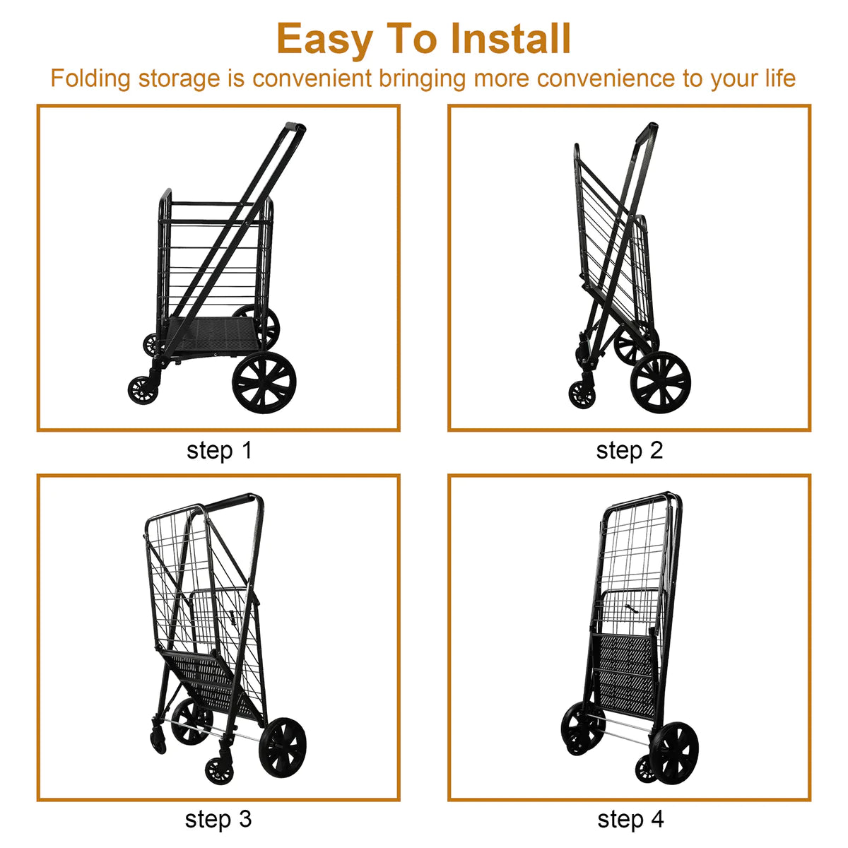 Folding Grocery Shopping Cart with Wheels Collapsible Utility Cart with 360° Swivel Wheels, Black