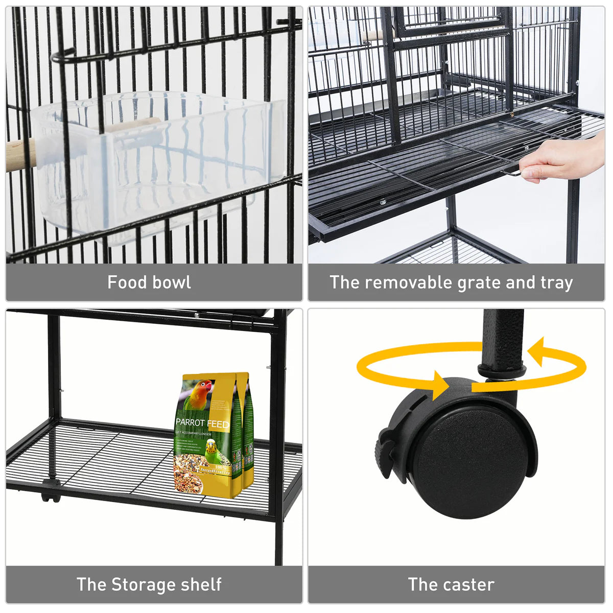 53" Big Rolling Bird Cage Parrot Flight Cage with Detachable Stand Storage Shelf and Wheels, Black