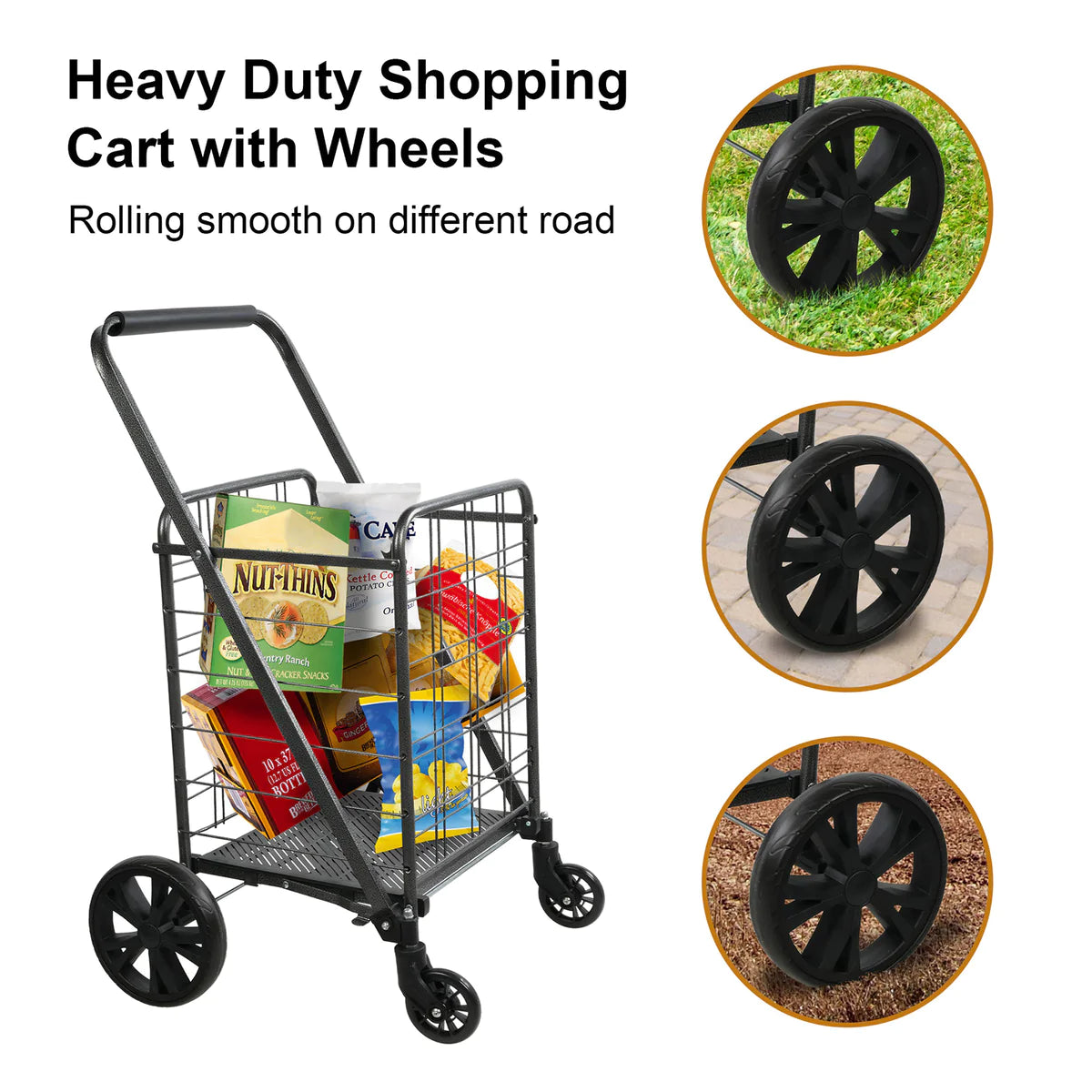 Folding Grocery Shopping Cart with Wheels Collapsible Utility Cart with 360° Swivel Wheels, Black