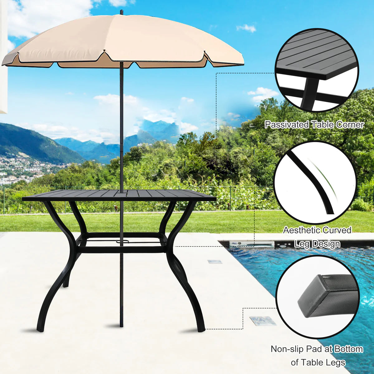 37  Square Patio Outdoor Dining Table for 4 with Umbrella Hole Metal Table, Black