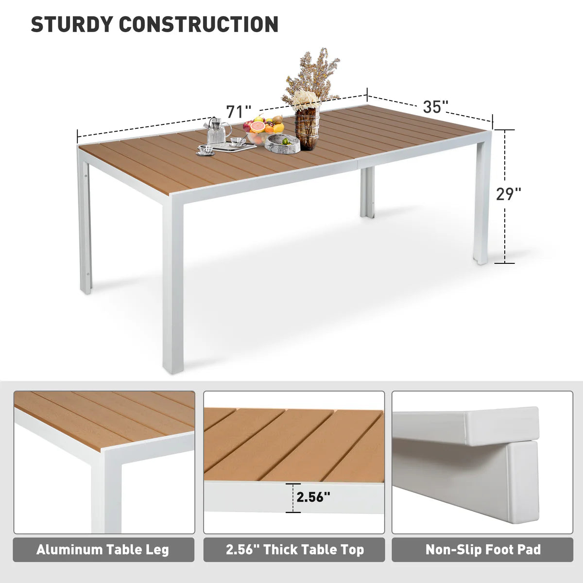 71  Outdoor Patio Dining Table for 6-8 Rectangular Table with Aluminum Frame Adjustable Umbrella Hole, Brown and White