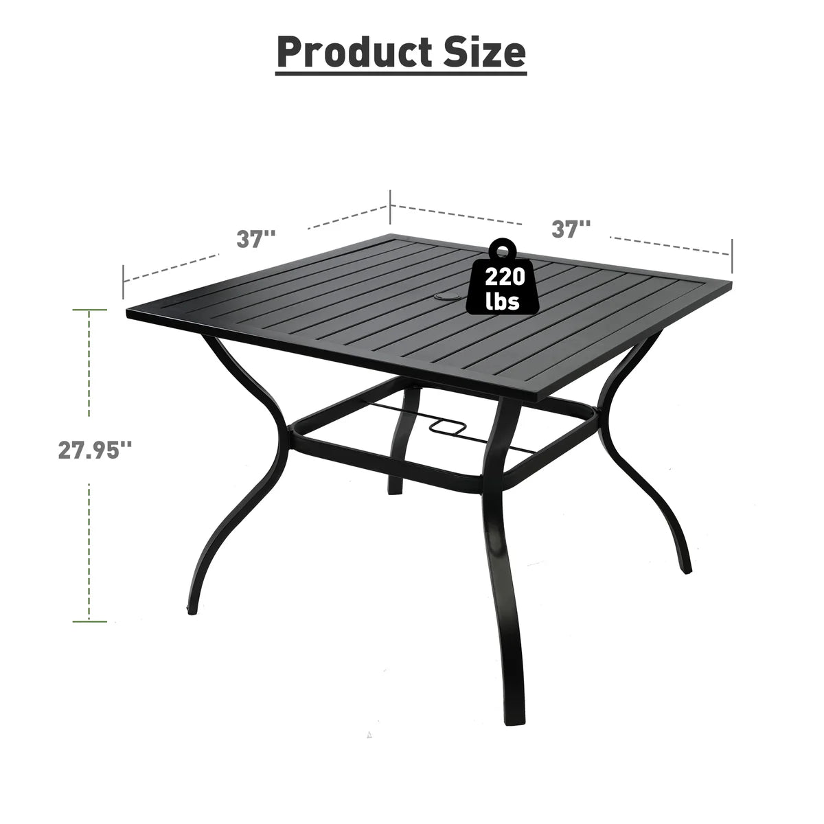 37  Square Patio Outdoor Dining Table for 4 with Umbrella Hole Metal Table, Black