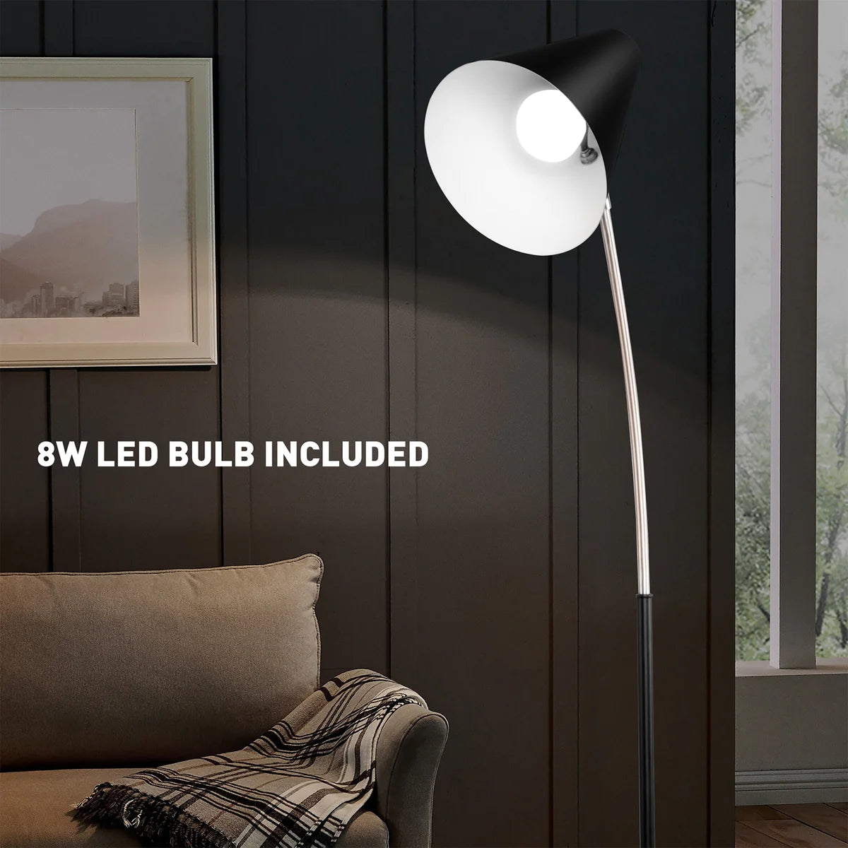 Modern Standing Floor Lamps with 8W LED Bulb, Foot Switch & Adjustable Head, Black