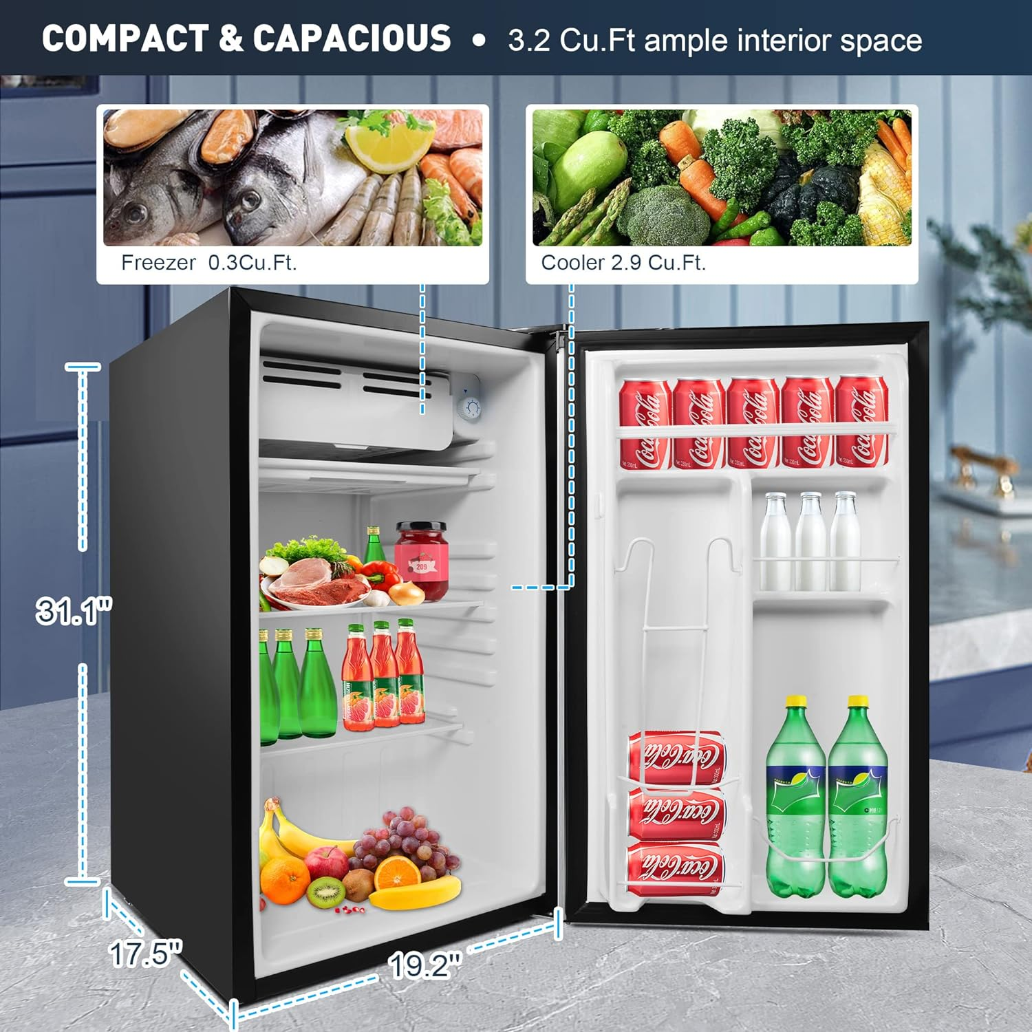 3.2 Cu.Ft. Mini Fridge with Freezer, Removable Shelf，Adjustable Legs, Adjustable Thermostat Control, Removable Shelf | karmasfar.us