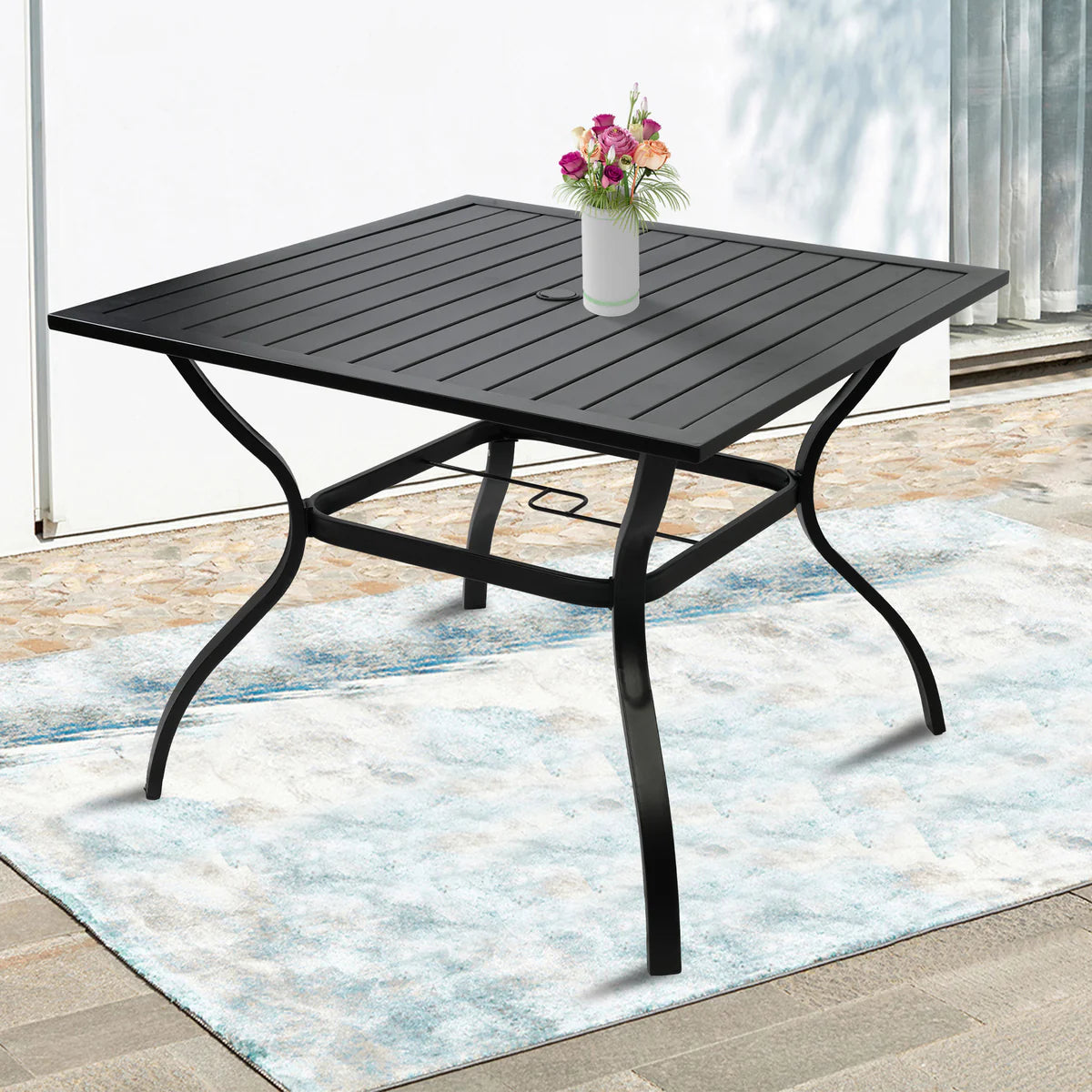 37  Square Patio Outdoor Dining Table for 4 with Umbrella Hole Metal Table, Black