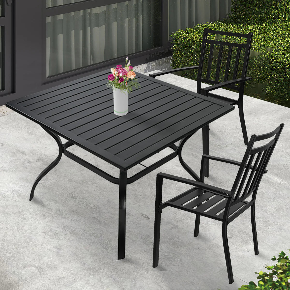 37  Square Patio Outdoor Dining Table for 4 with Umbrella Hole Metal Table, Black