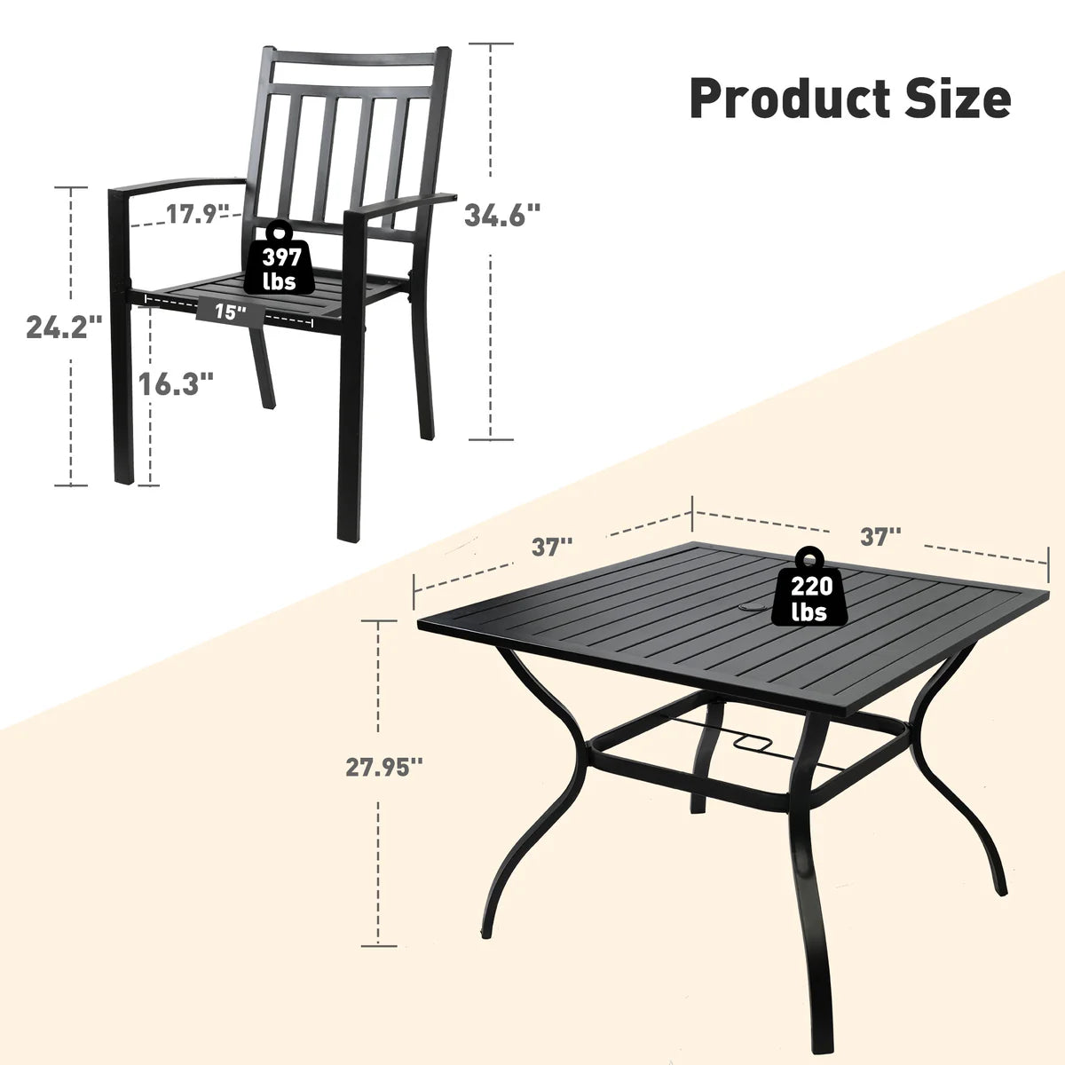 5 Piece Outdoor Patio Metal Table Set, 1 Dining Table 37  for 4 with 4 Metal Chairs Outdoor Dining Set