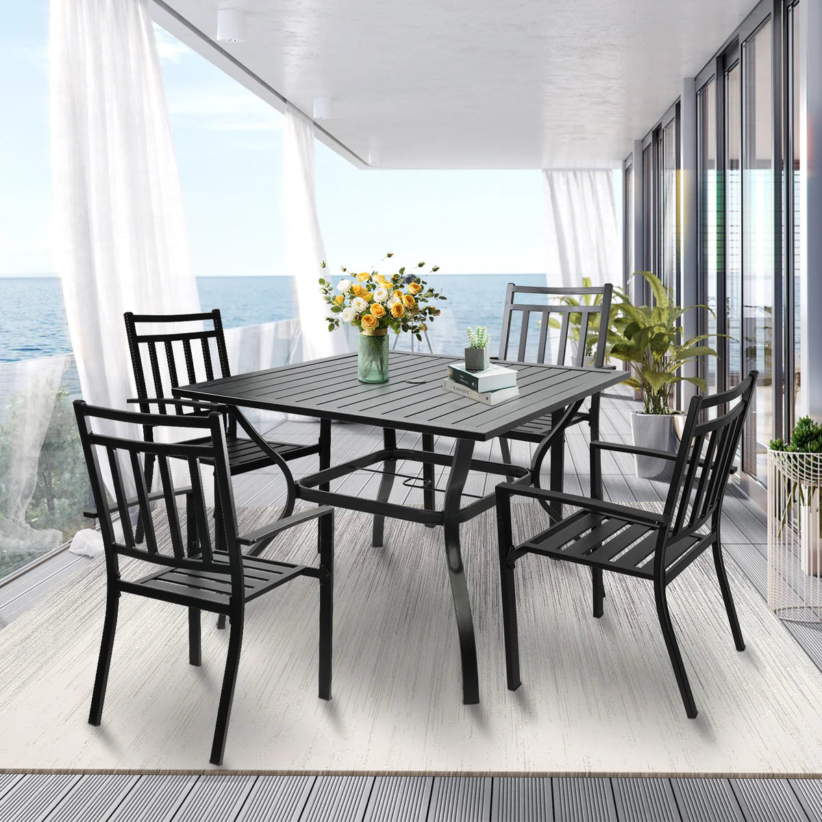 37  Square Patio Outdoor Dining Table for 4 with Umbrella Hole Metal Table, Black