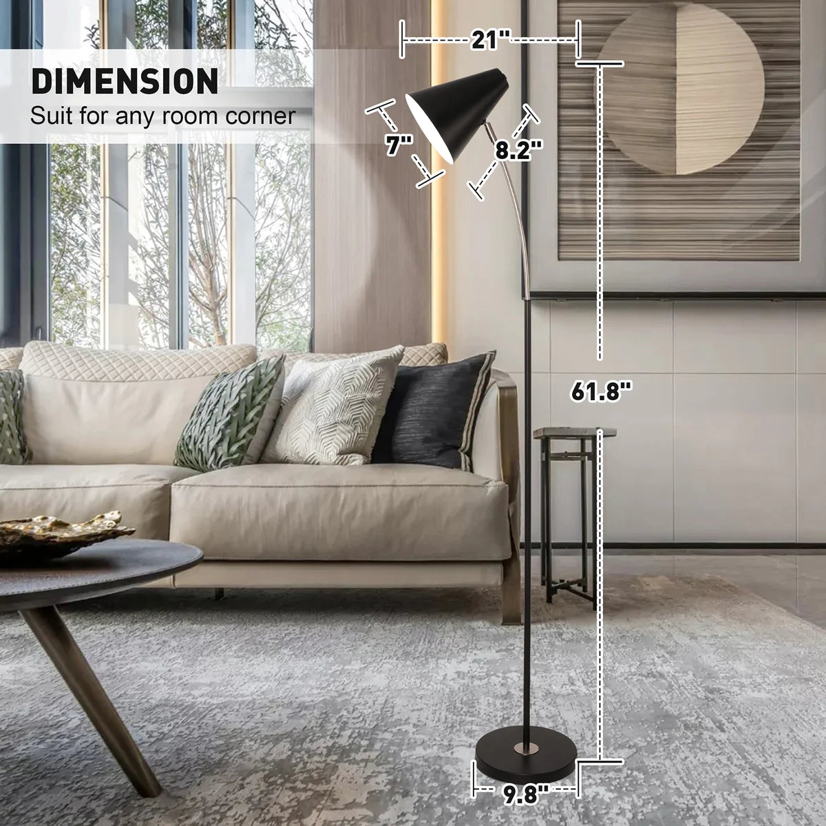 Modern Standing Floor Lamps with 8W LED Bulb, Foot Switch & Adjustable Head, Black