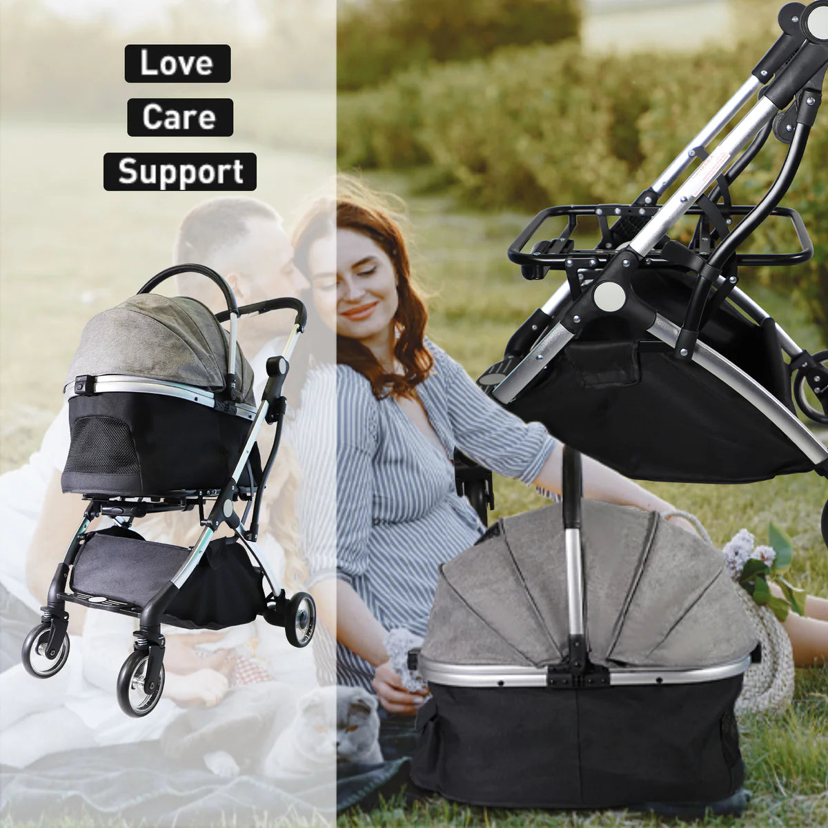 Pet Stroller for Small Dogs Cats, Stroller with Detachable Carrier, Telescopic Handle, One-Hand Quick Fold
