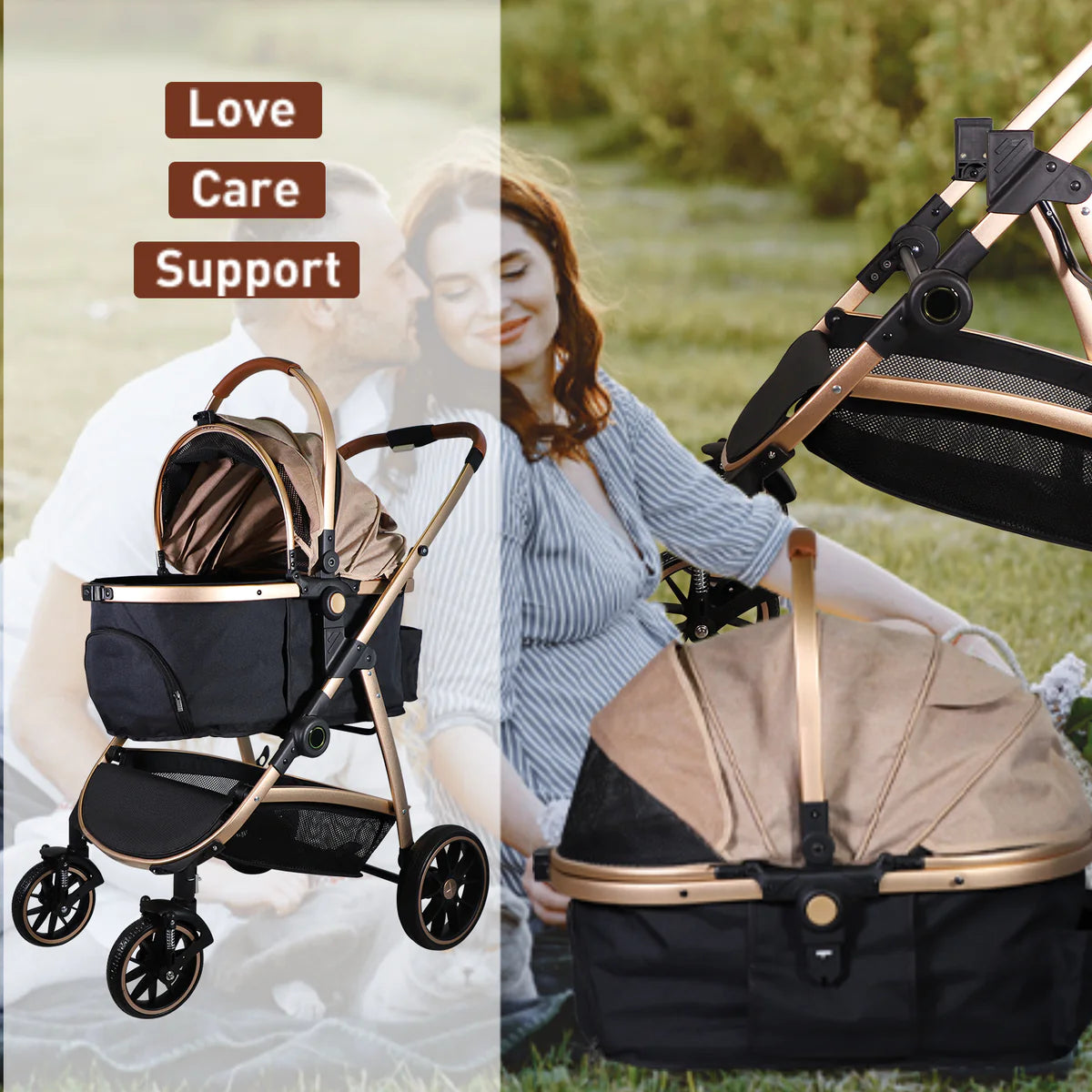 Pet Stroller for Small Dogs Cats, Stroller with Detachable Carrier, Telescopic Handle, One-Hand Quick Fold,Gold