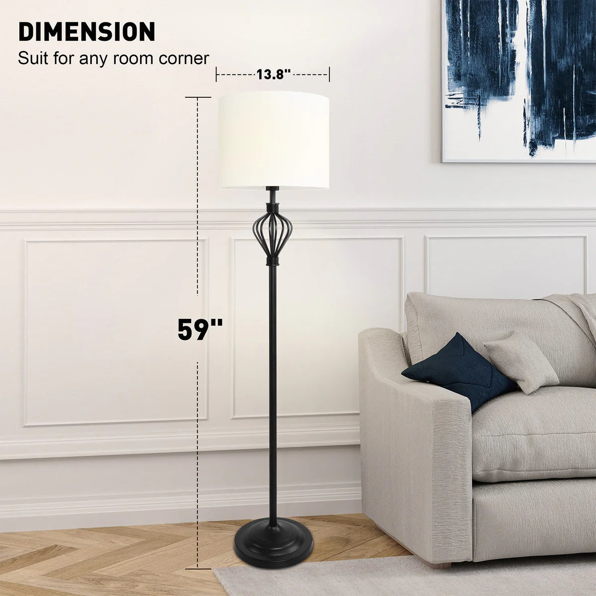 Standing Floor Lamp with 8W LED Bulb Foot Switch Fabric Lamp Shade Tall Stand Up Floor Lamp, Black and White