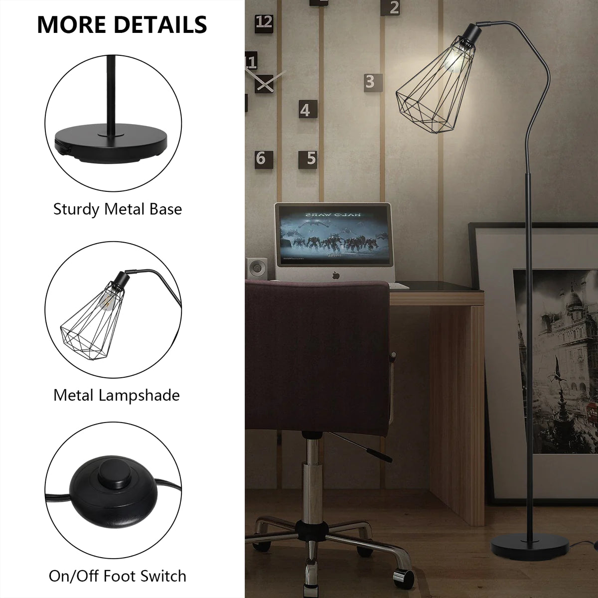 Modern Minimalist Standing Floor Lamps with 8W LED Bulb, Foot Switch & Adjustable Head, Black