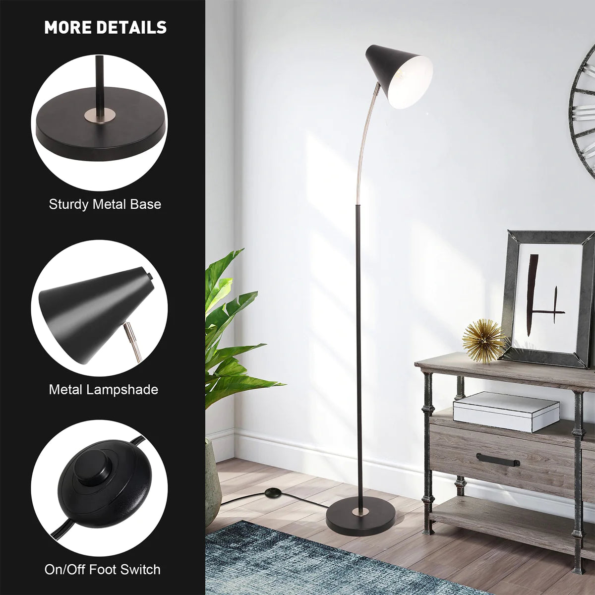 Modern Standing Floor Lamps with 8W LED Bulb, Foot Switch & Adjustable Head, Black