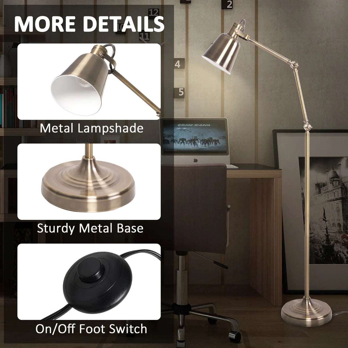 Modern Standing Floor Lamps with 8W LED Bulb, Foot Switch & Adjustable Head, Gold