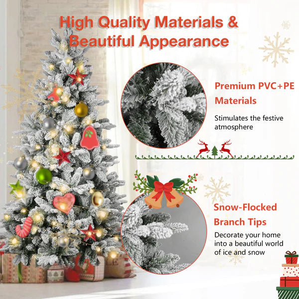 6.9’ Artificial Christmas with 950 Branch Tips, Snow Flocked, Green