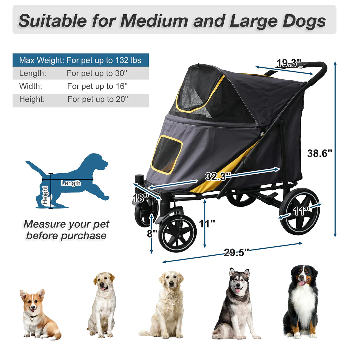 Foldable Pet Stroller Travel Carrier with Storage Pocket, Breathable Mesh, Gray and Yellow