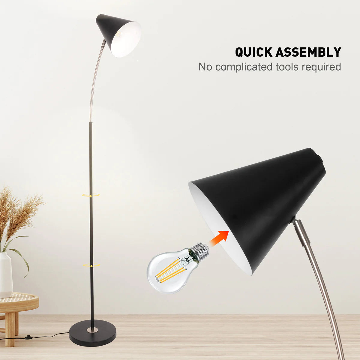 Modern Standing Floor Lamps with 8W LED Bulb, Foot Switch & Adjustable Head, Black