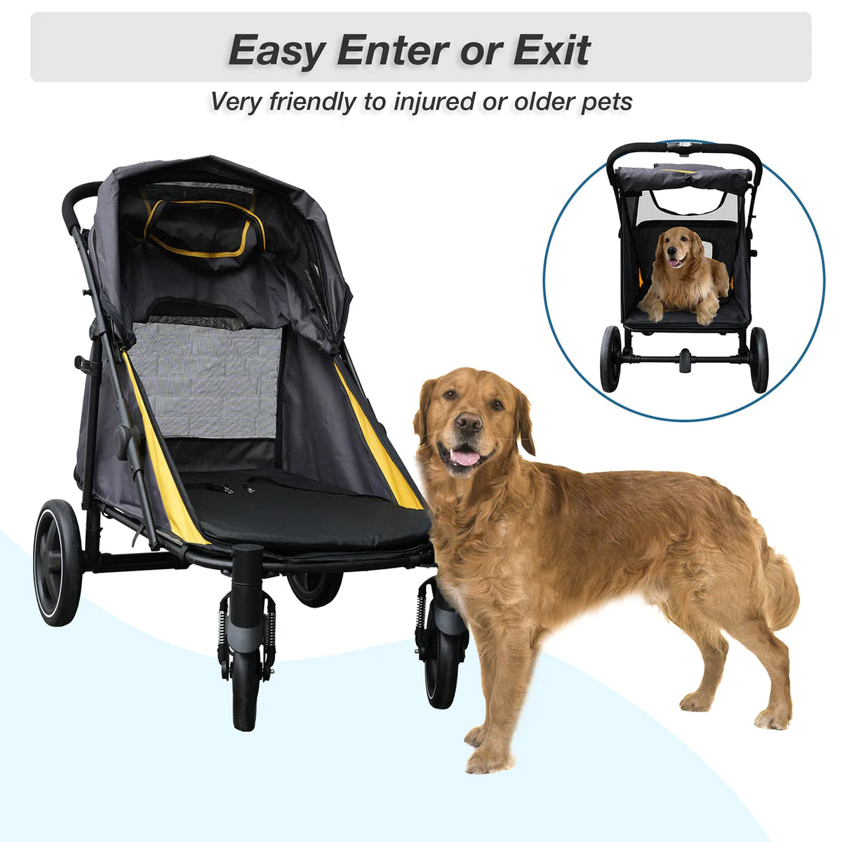 Foldable Pet Stroller Travel Carrier with Storage Pocket, Breathable Mesh, Gray and Yellow | karmasfar.us