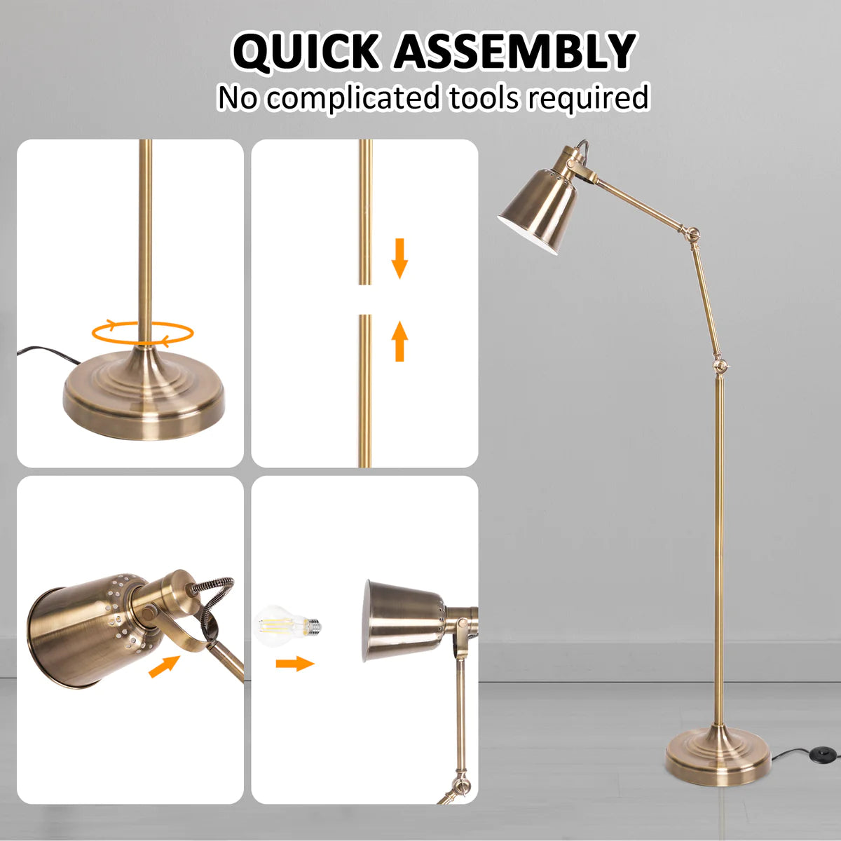 Modern Standing Floor Lamps with 8W LED Bulb, Foot Switch & Adjustable Head, Gold