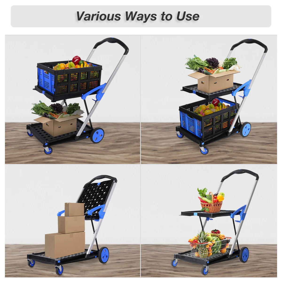 Double deck Multi-Functional Collapsible Carts Foldable Trolley with Storage Crate Rolling Swivel Wheels