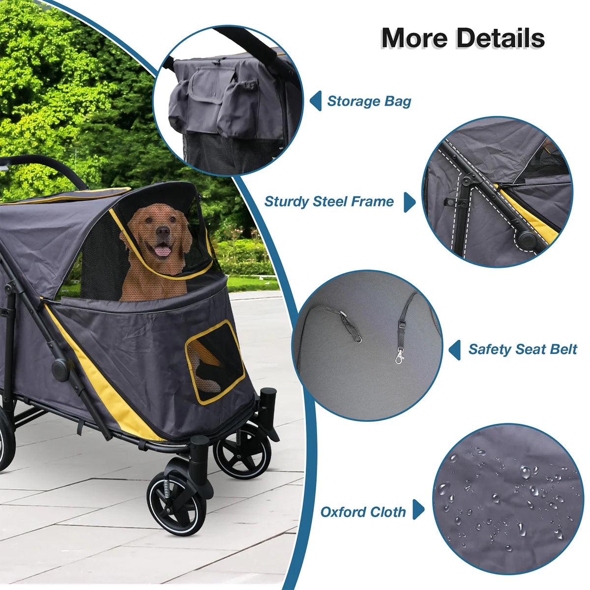 Foldable Pet Stroller Travel Carrier with Storage Pocket, Breathable Mesh, Gray and Yellow | karmasfar.us