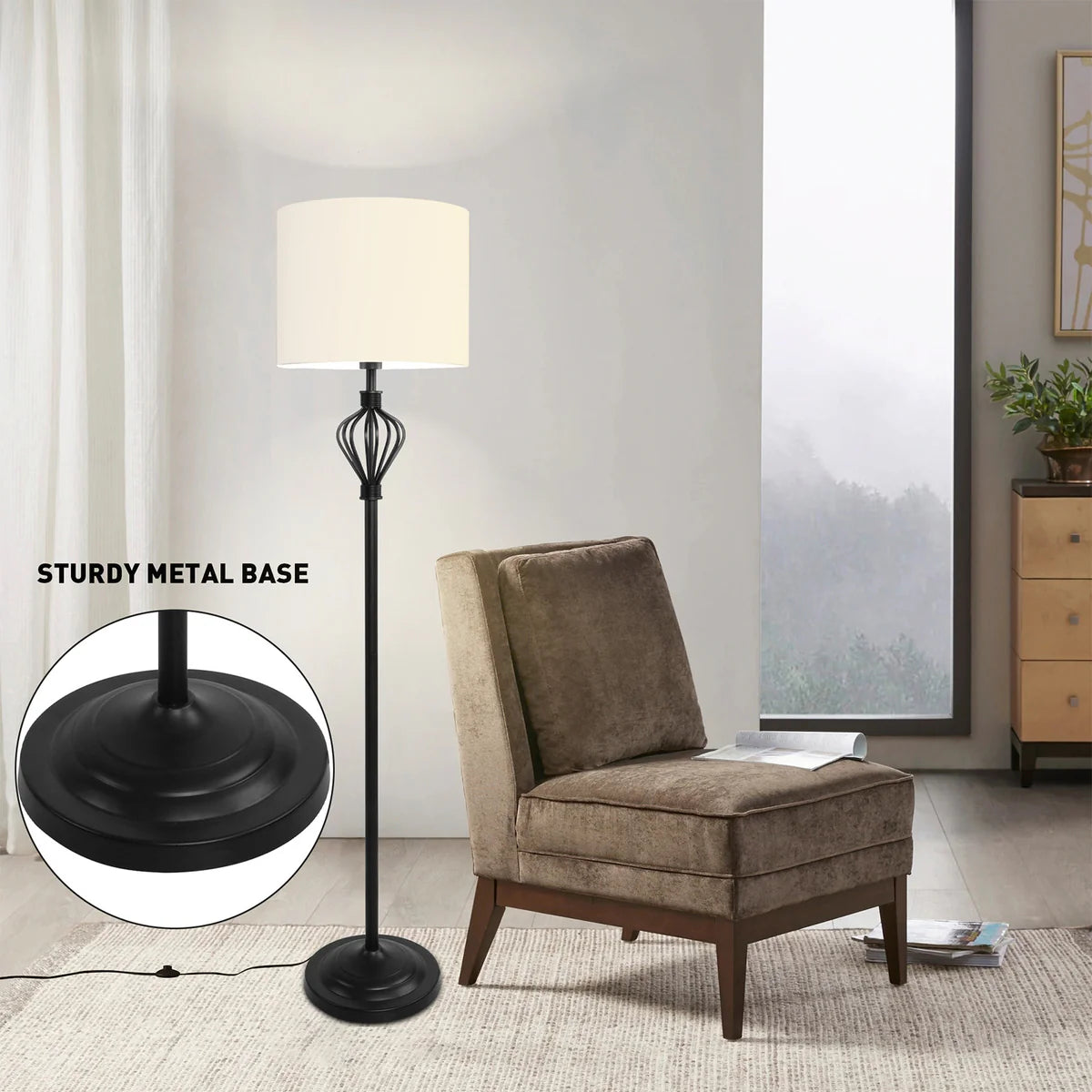 Standing Floor Lamp with 8W LED Bulb Foot Switch Fabric Lamp Shade Tall Stand Up Floor Lamp, Black and White