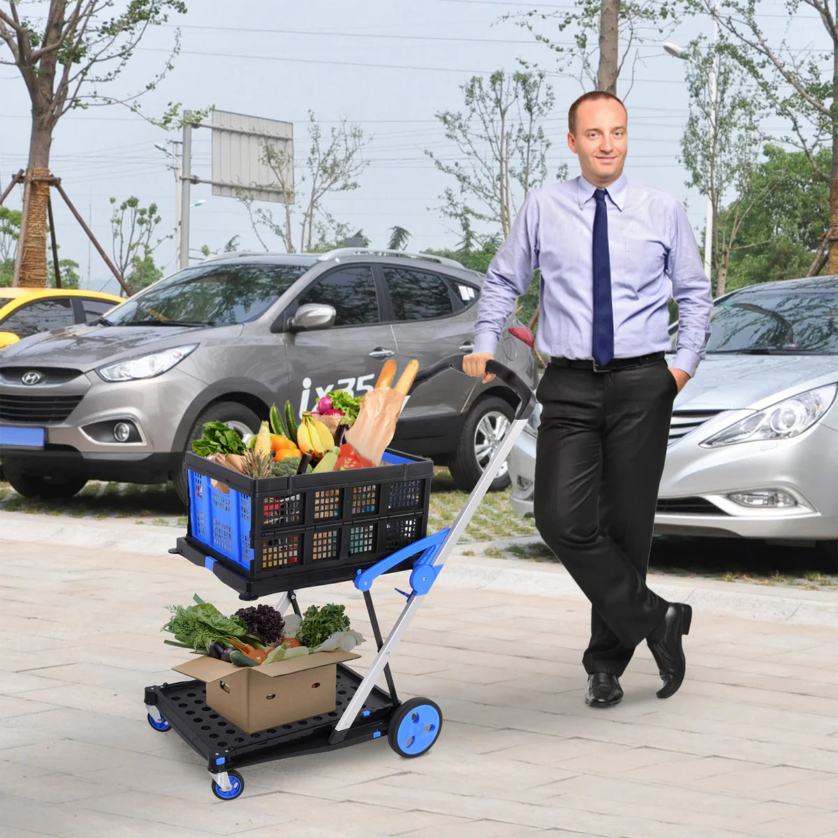 Double deck Multi-Functional Collapsible Carts Foldable Trolley with Storage Crate Rolling Swivel Wheels