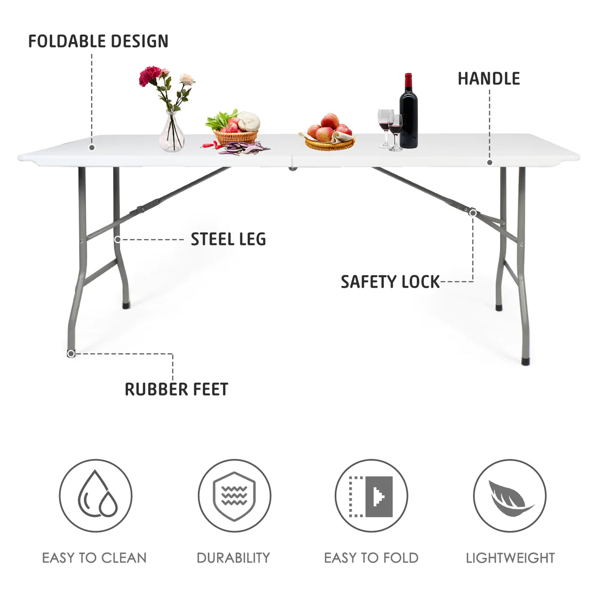 Plastic Tabletop Folding Portable Outdoor Picnic Table, Rectangle, White