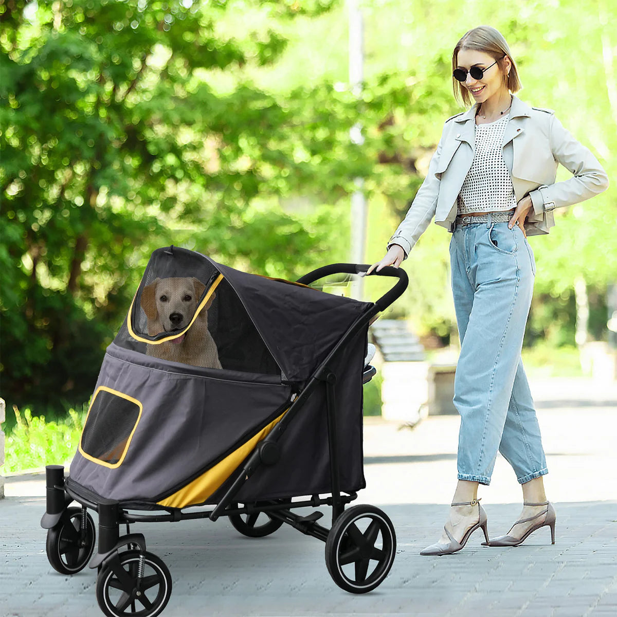 Foldable Pet Stroller Travel Carrier with Storage Pocket, Breathable Mesh, Gray and Yellow | karmasfar.us