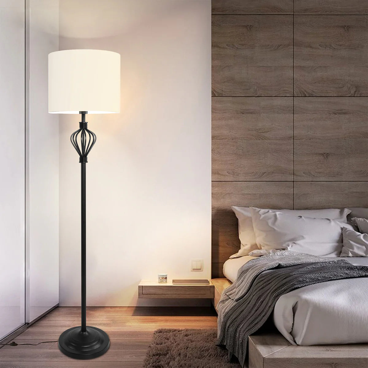 Standing Floor Lamp with 8W LED Bulb Foot Switch Fabric Lamp Shade Tall Stand Up Floor Lamp, Black and White