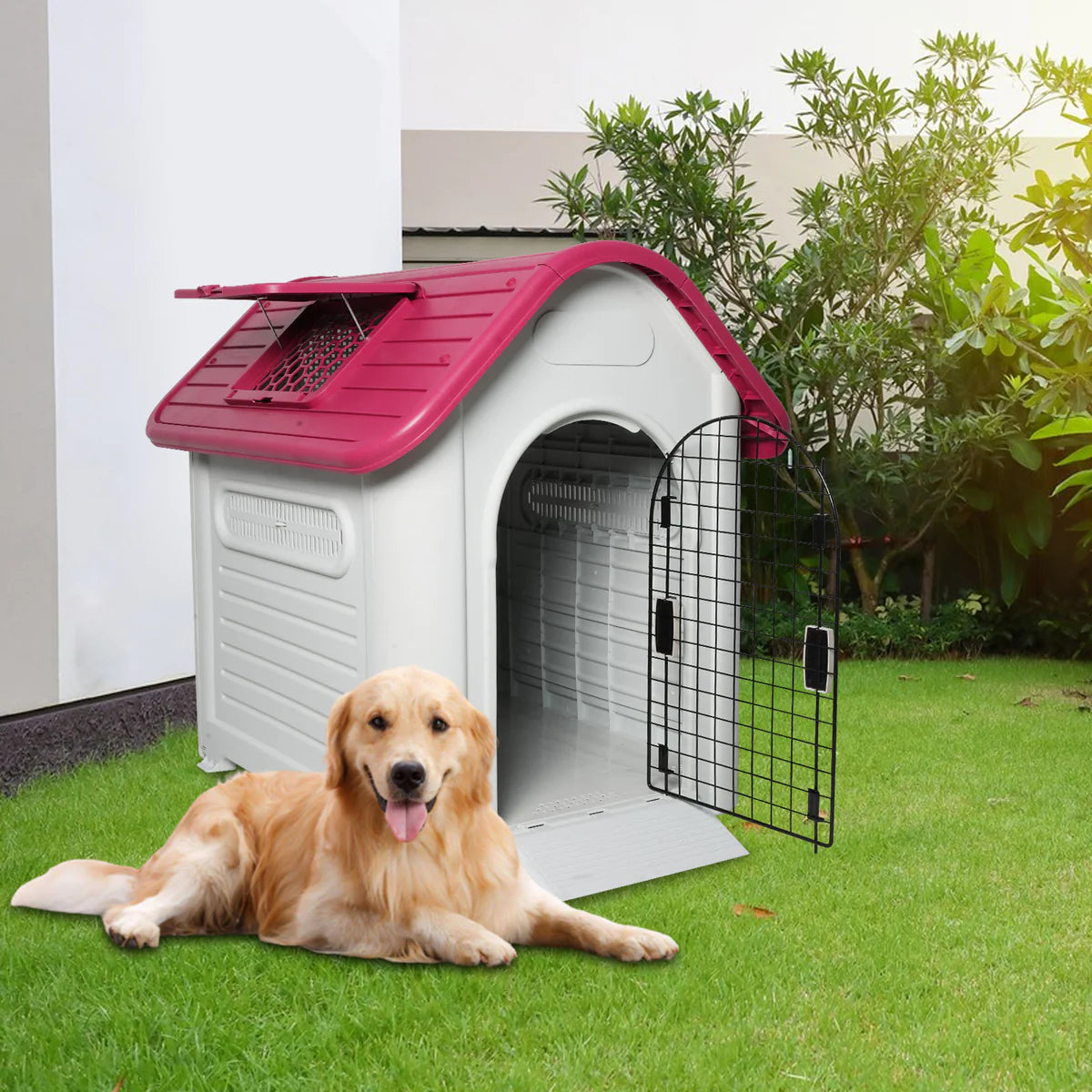 Outdoor Dog Houses Plastic Kennel with Mesh Iron Door and Air Vents, Red Proof