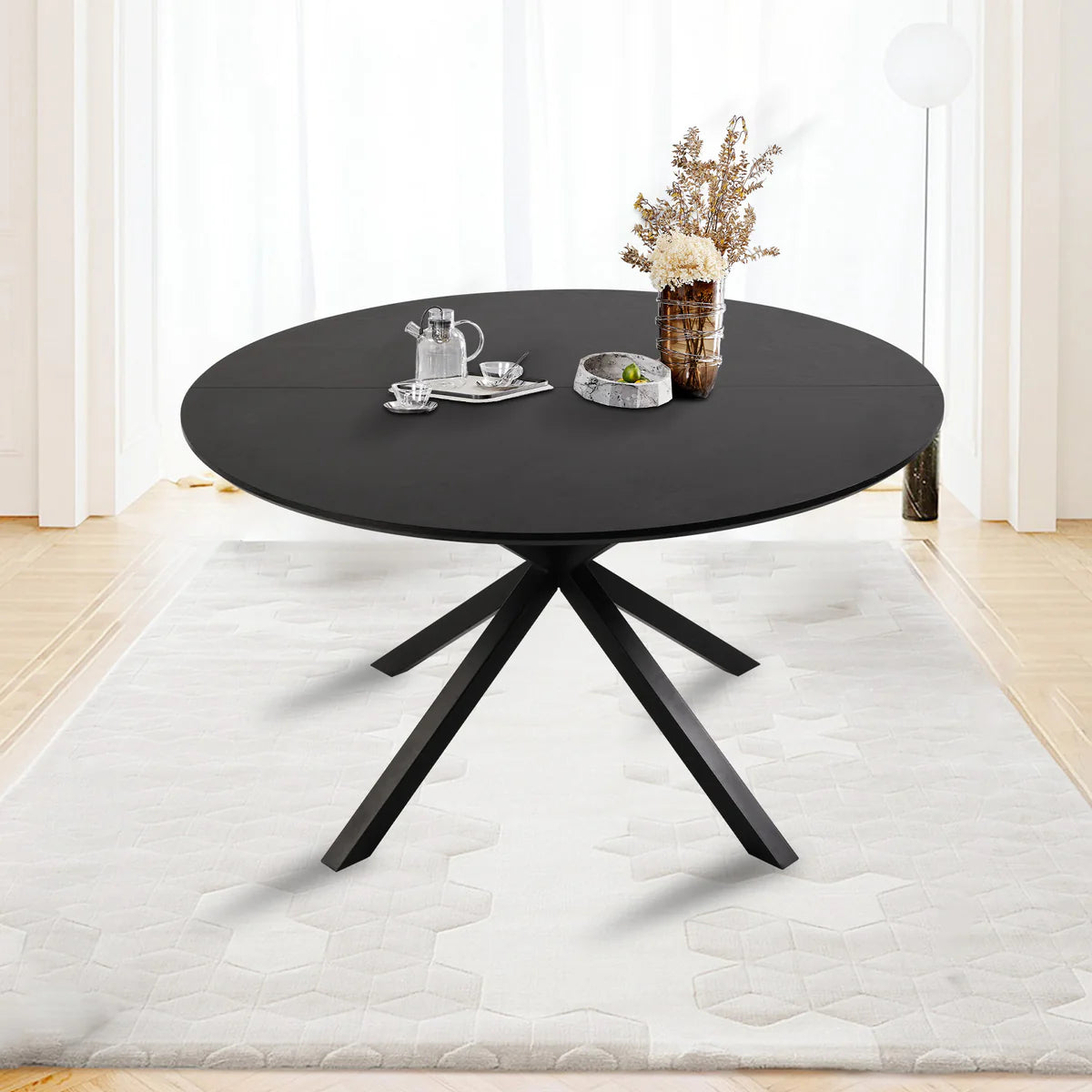 53" Round Mid-Century Modern Wooden Kitchen Dining Table for 4-6 with Solid Metal Leg, Black Wood Grain