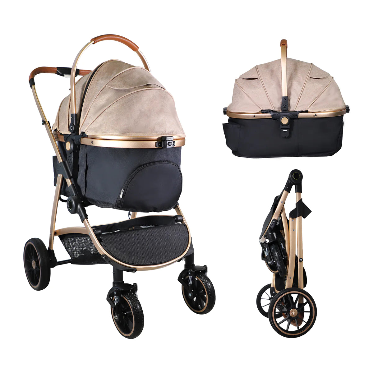 Pet Stroller for Small Dogs Cats, Stroller with Detachable Carrier, Telescopic Handle, One-Hand Quick Fold,Gold