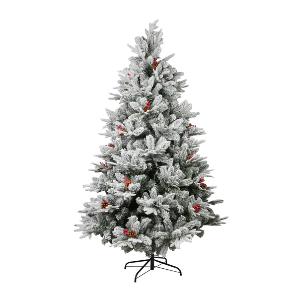 6.9' Artificial Christmas Tree with 1150 Branch Tips, Pine Cones and Red Berries, Snow Flocked, Green | karmasfar.com