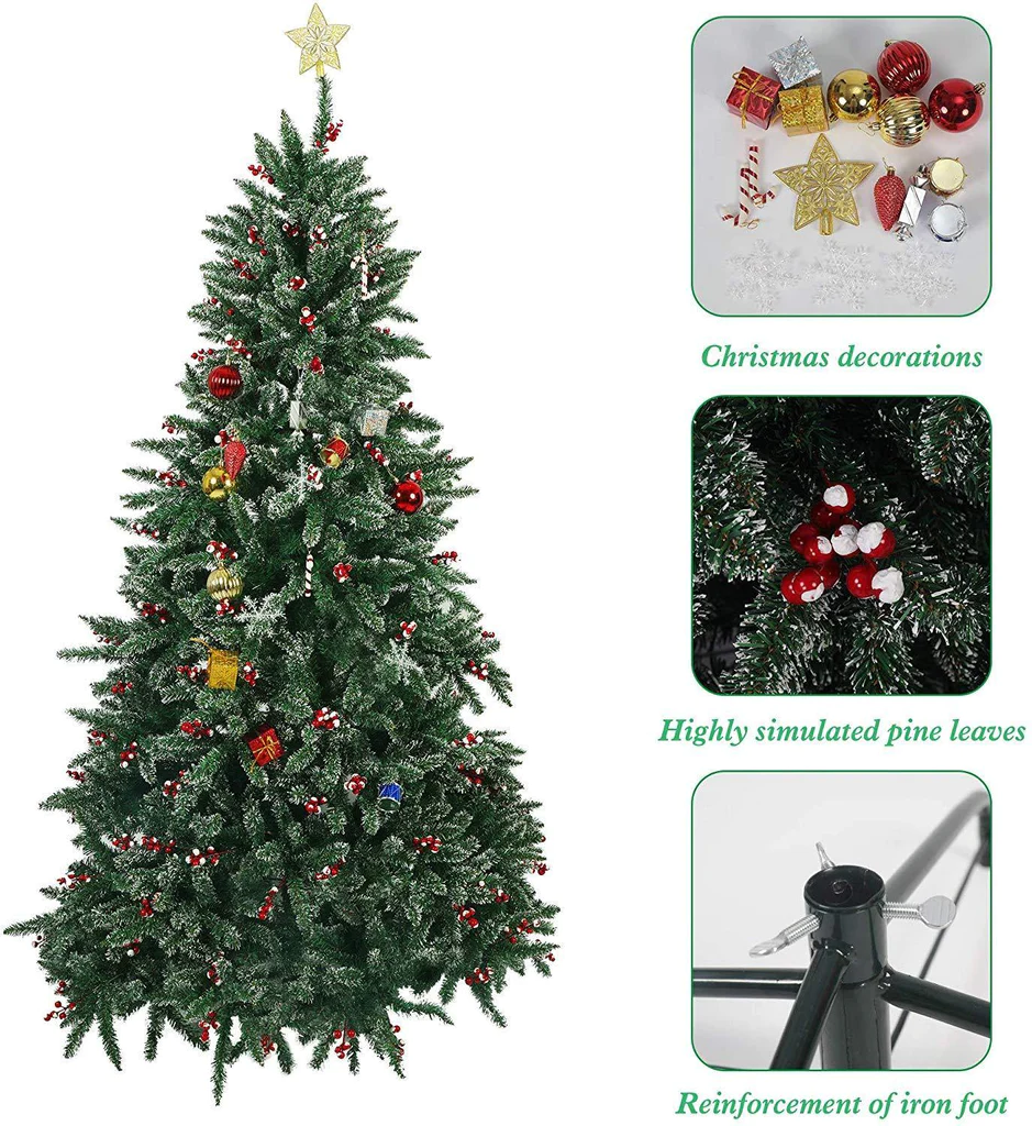 7’ Artificial Christmas Tree with 1390 Branch Tips, Snow Flocked, Red Cheery, Green | karmasfar.us