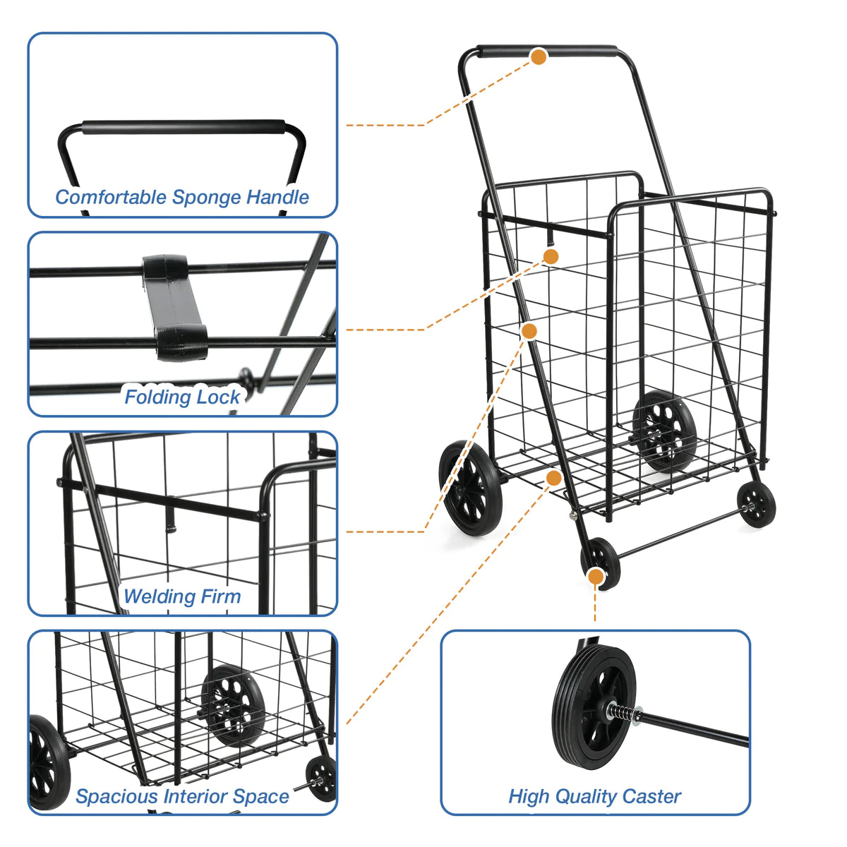 Folding Grocery Shopping Cart with Wheels Collapsible Utility Cart, Black