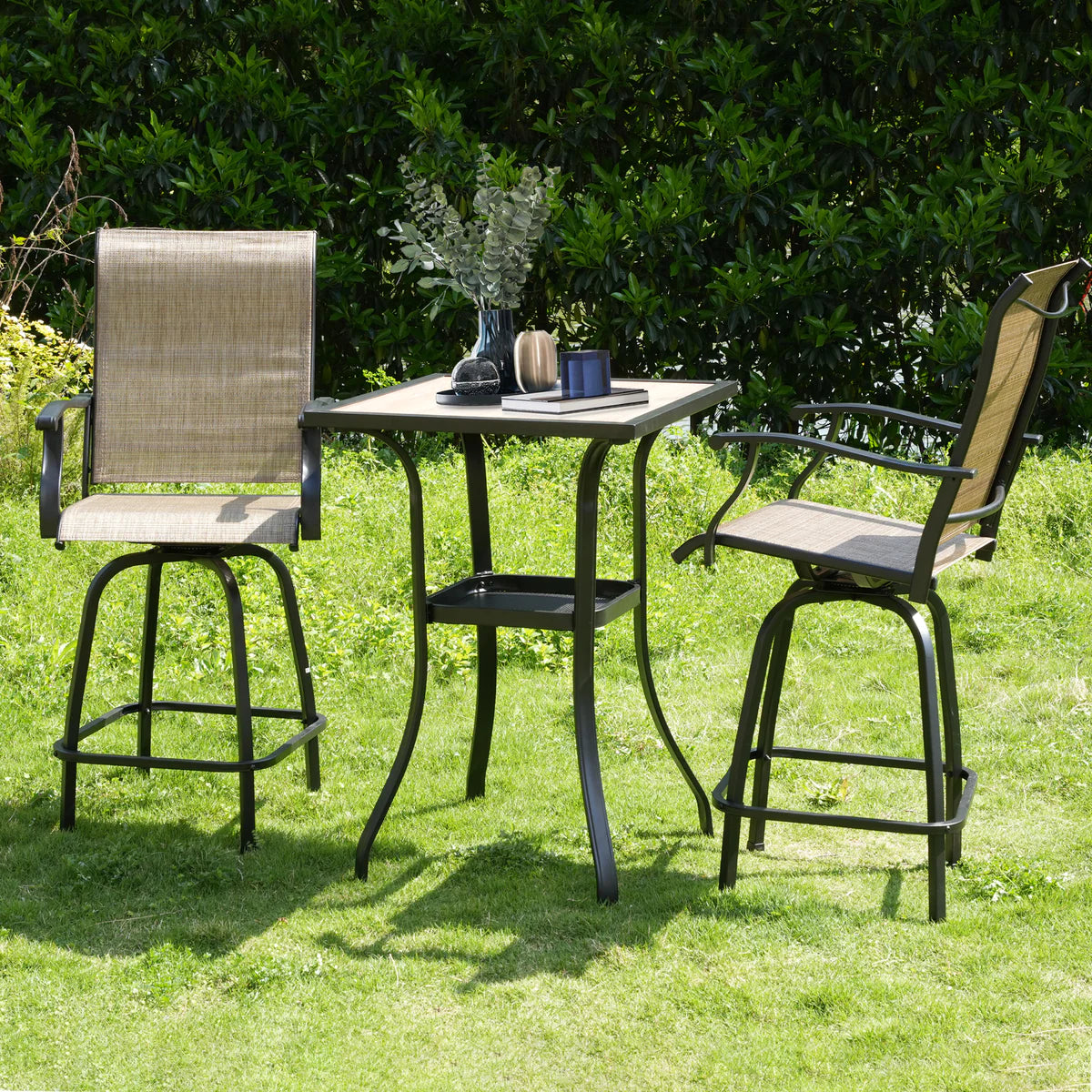 2 Sets of Outdoor Stools Braided Seats with Metal Legs