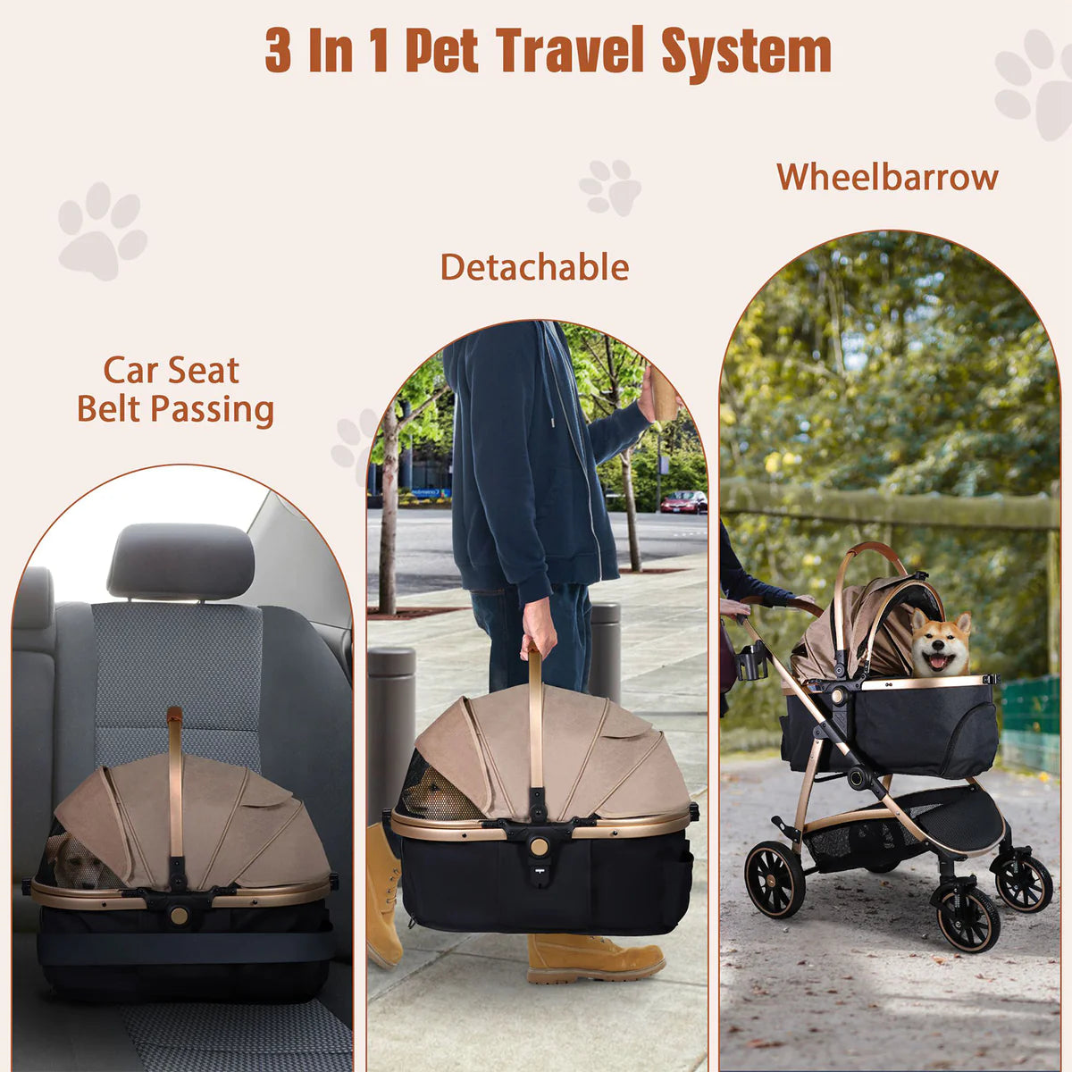 Pet Stroller for Small Dogs Cats, Stroller with Detachable Carrier, Telescopic Handle, One-Hand Quick Fold,Gold