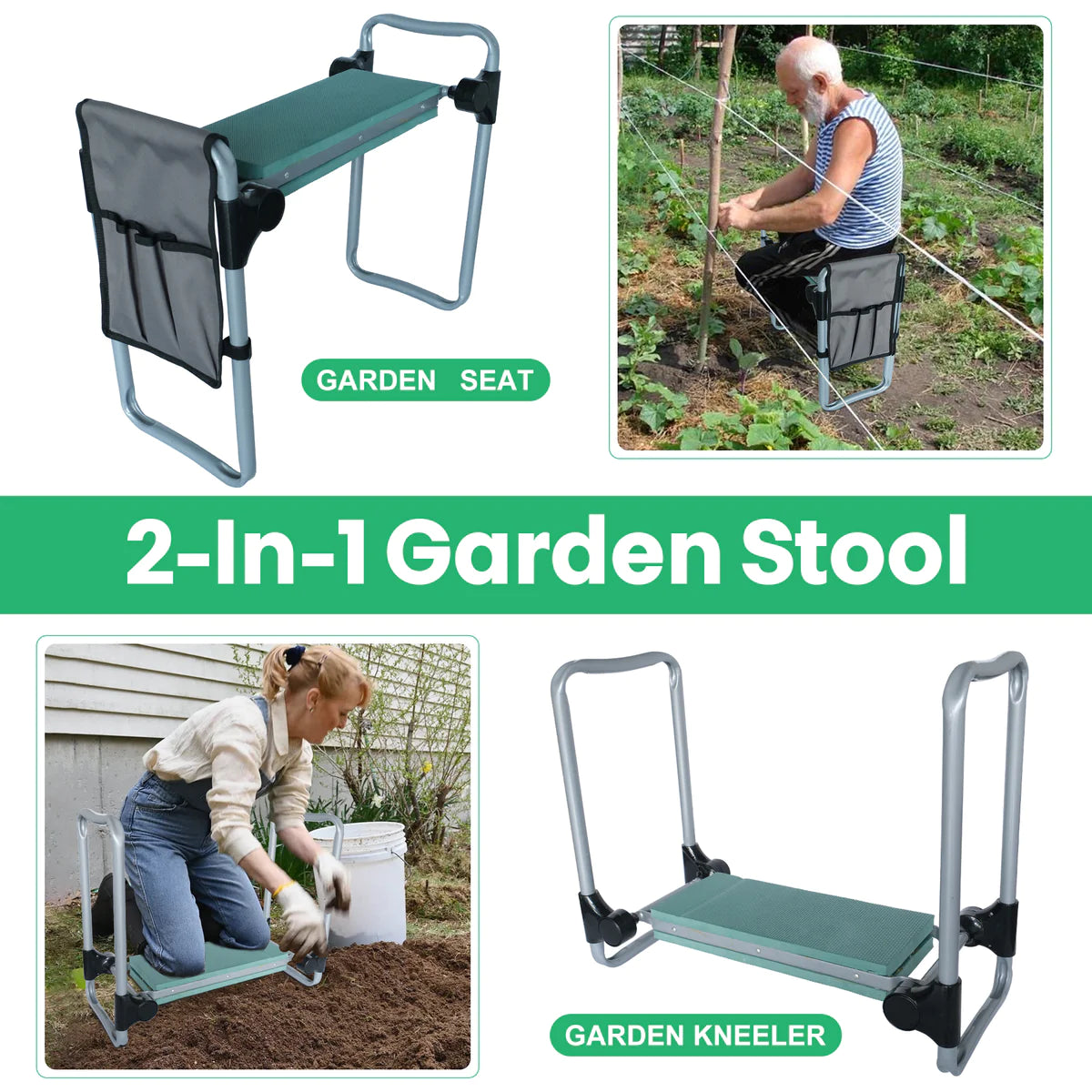 Portable Foldable Garden Kneeler Bench with Tools Bag, Green | karmasfar.us