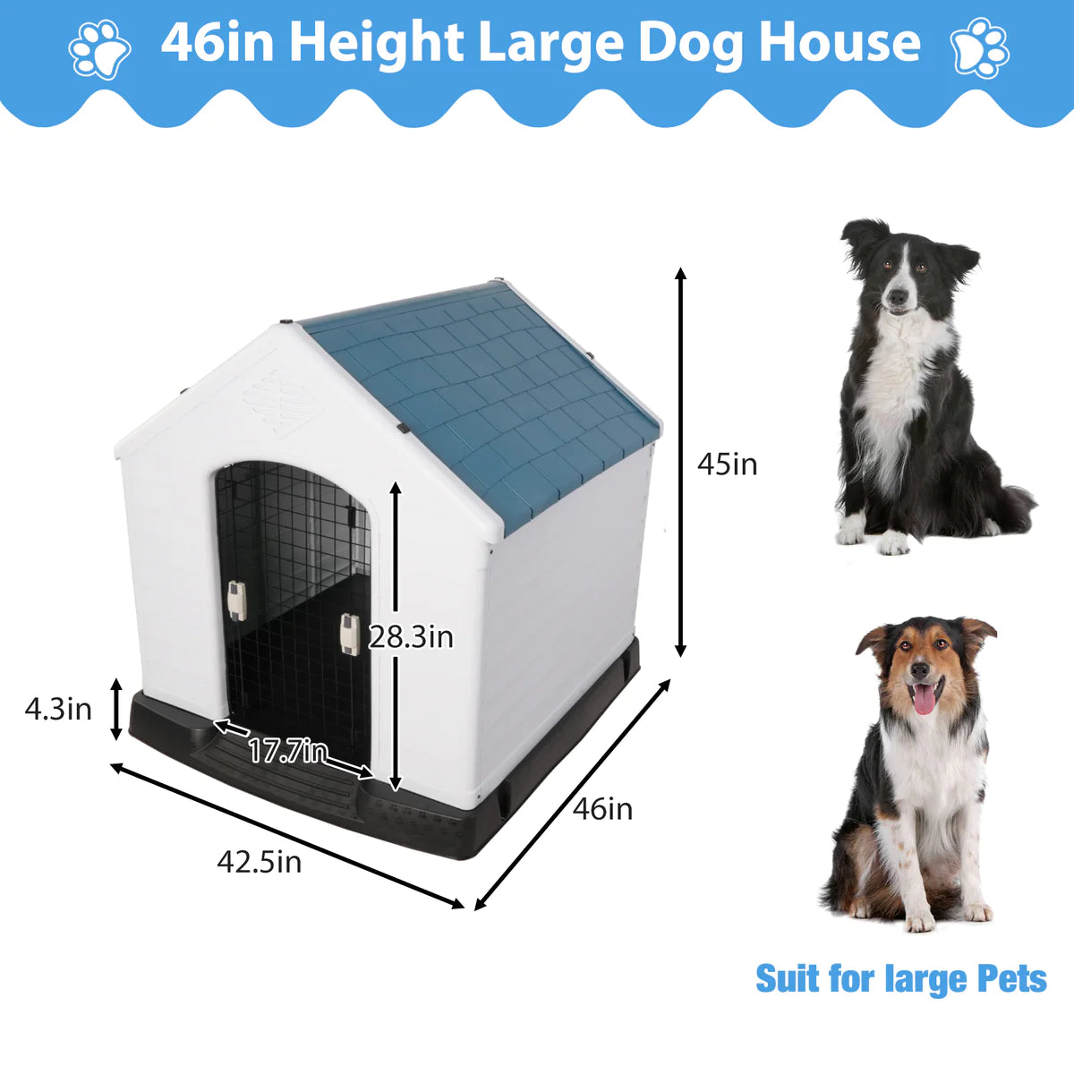 Outdoor Dog Houses Multiple Size Plastic Kennel with Mesh Iron Door, Blue and White