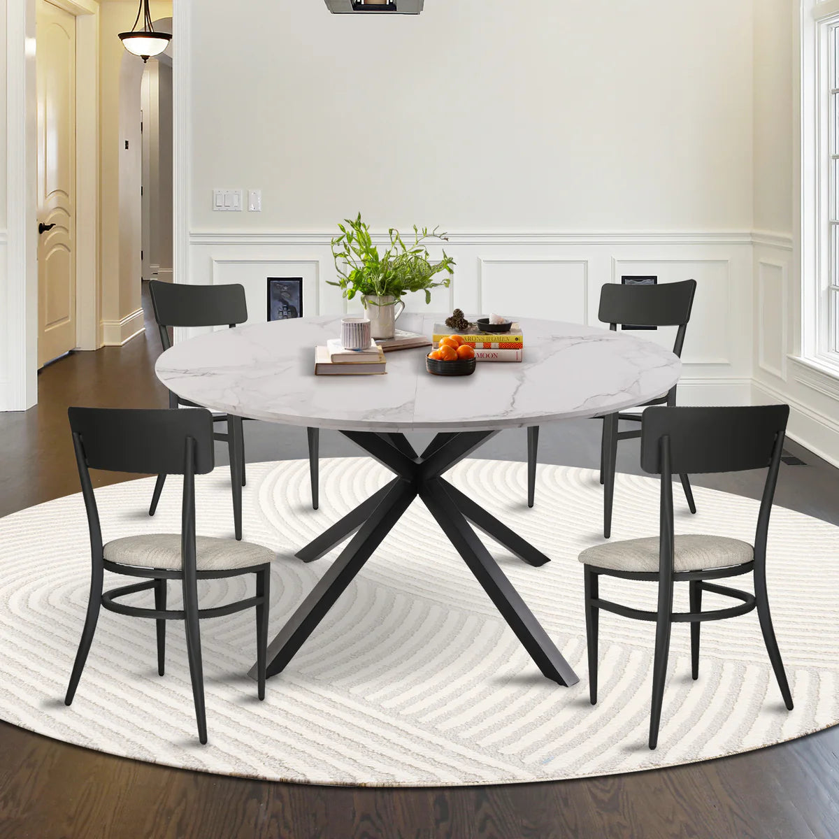 53  Round Mid-Century Modern Wooden Kitchen Dining Table for 4-6 with Solid Metal Leg, Marble Texture