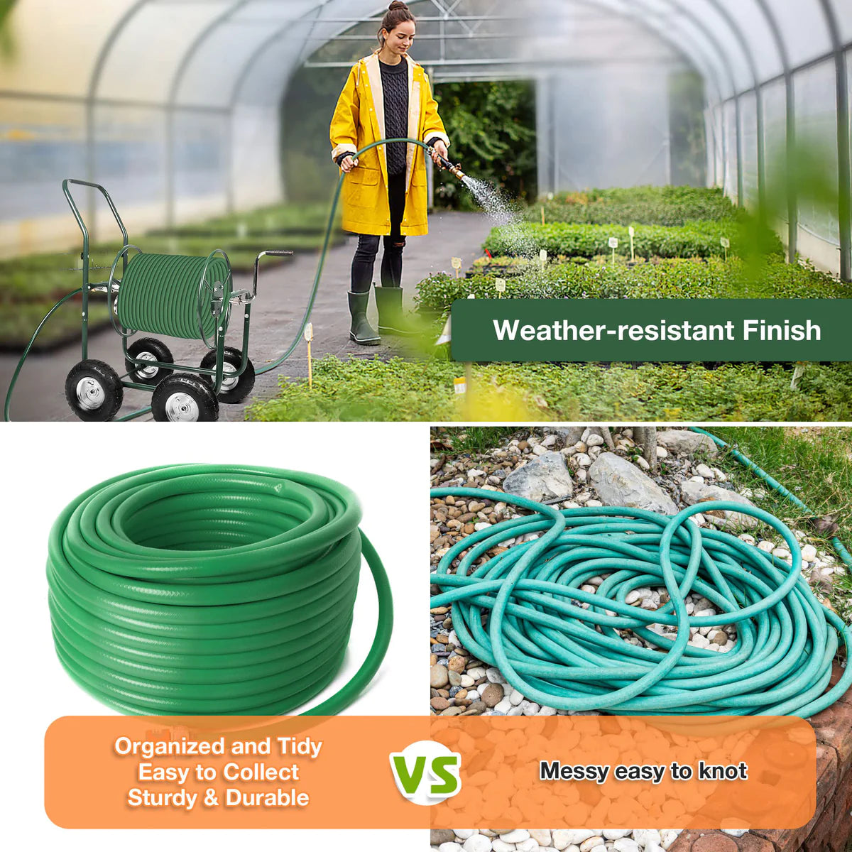 Portable Garden Hose Reel Cart with Wheels with Storage Basket Rust Resistant Water Hose Holder | karmasfar.us
